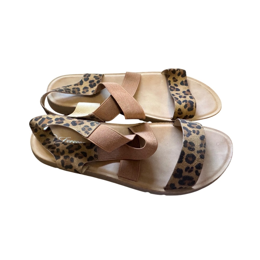 Foreverβ Comfort Leopard Print Sandals Women 9 Brown Good Elastic Straps Flat